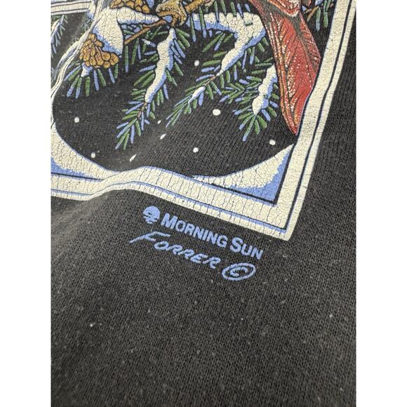 Vintage Morning Sun Black L Window Cardinals Winter Scene Red Crewneck Sweater - Picture 5 of 6